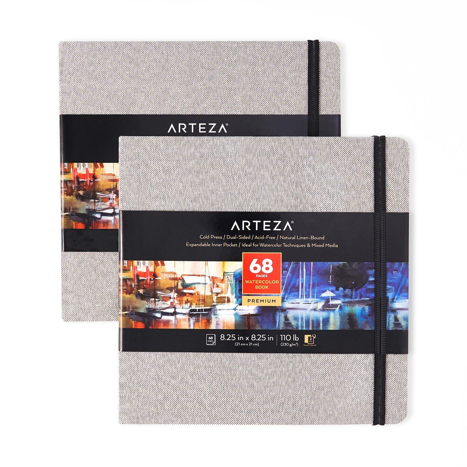 Arteza Gray Linen Hardcover Watercolor Paper Pad with Inner Pocket,  8.25x8.25, 34 Sheets - 2 Pack 